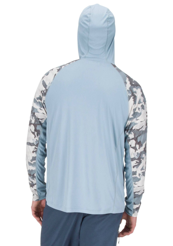 Simms Solarflex Hoody Hex Flo Camo Grey Blue Model Back Simms Solarflex Hoody Hex Flo Camo Grey Blue Model Back